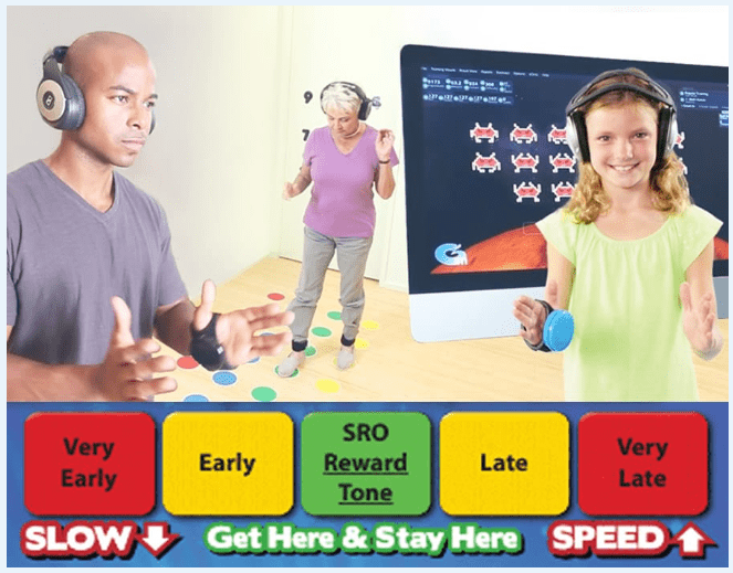 Participants training with Interactive Metronome — the system shows timing feedback from "Very Early" through "Very Late" with a reward tone for the target zone
